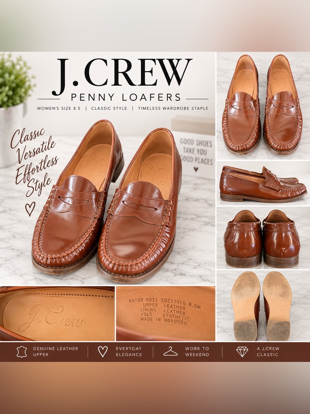 J.Crew Winona Penny Loafers in Spazzolato Leather • Women’s 8.5M • Rich Caramel